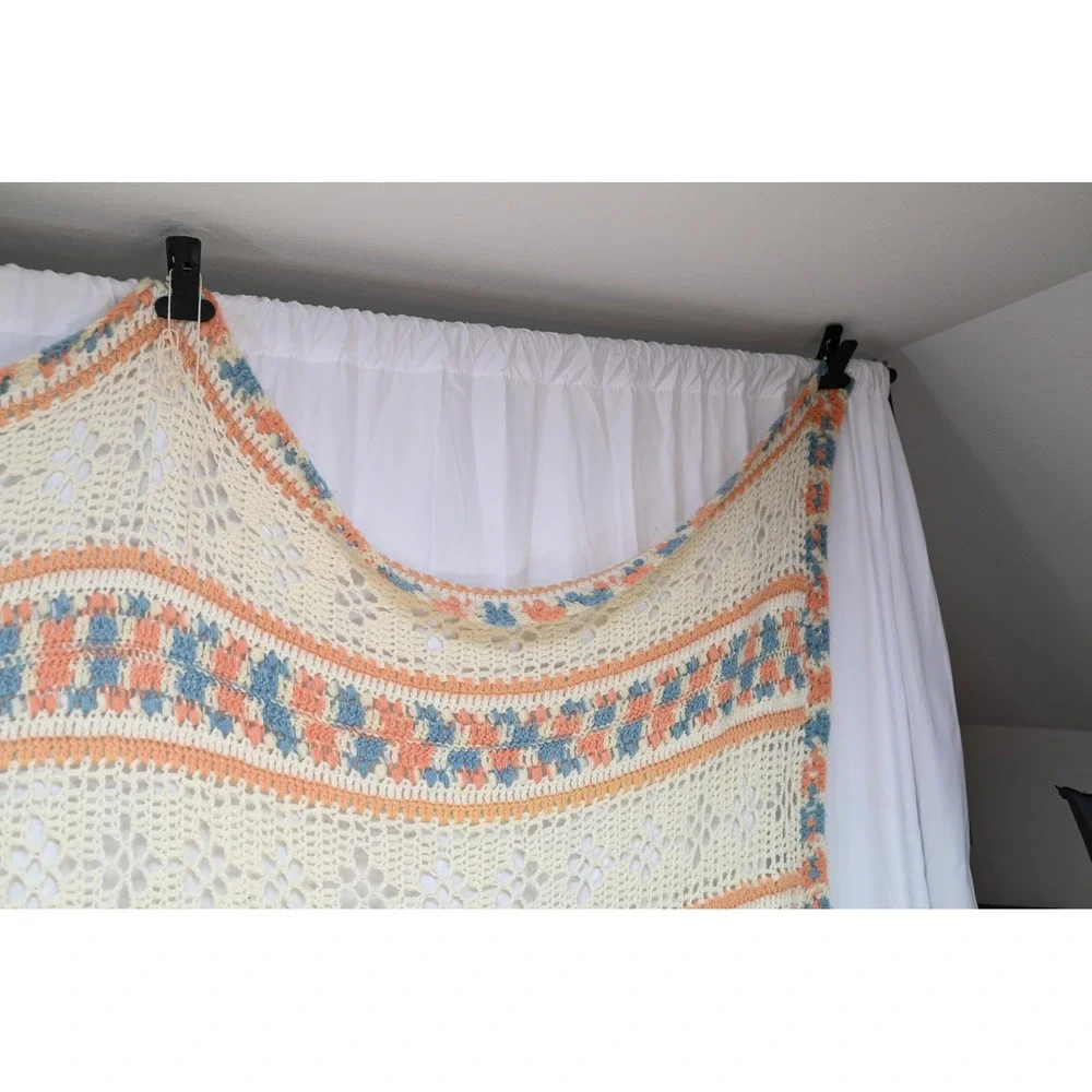 Vintage Cream, Pink and Blue Crochet Blanket 70